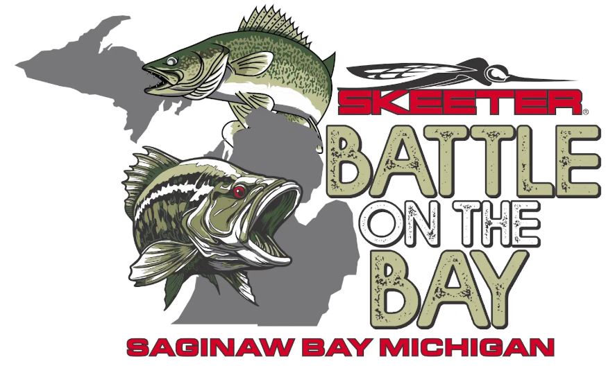 Logo with fish illustrations over a Michigan map, text reads "Skeeter Battle on the Bay Saginaw Bay Michigan," and a fishing lure graphic appears above the text.