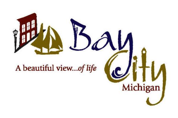 Bay City, Michigan logo with stylized text, a sailboat, building, and streetlamp, and the tagline, "A beautiful view...of life.