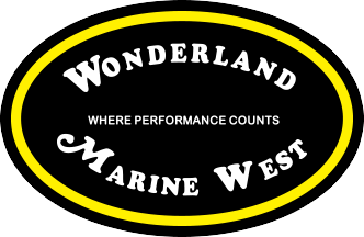 Oval logo with a black background, yellow border, and white text reading "Wonderland Marine West" and "Where Performance Counts" in the center.