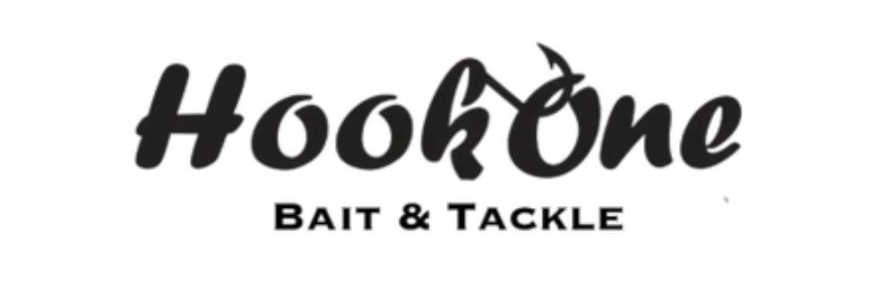 Logo for Hook One Bait & Tackle; the word "One" features a hook integrated into the lettering.
