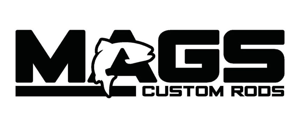 Logo for MAGS Custom Rods featuring bold black text and a fish silhouette integrated into the letter "A.