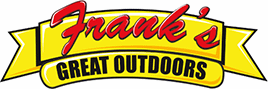 Logo for Frank’s Great Outdoors with “Frank’s” in red script on yellow, and “Great Outdoors” in black block letters below, both set on yellow banners.