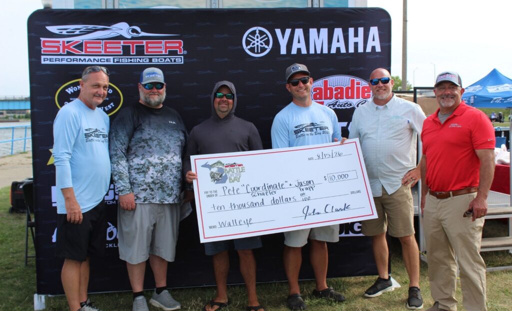 Six men stand together outdoors; two hold a large $10,000 check for a walleye fishing event, with sponsor banners for Skeeter, Yamaha, and Abadie’s in the background.